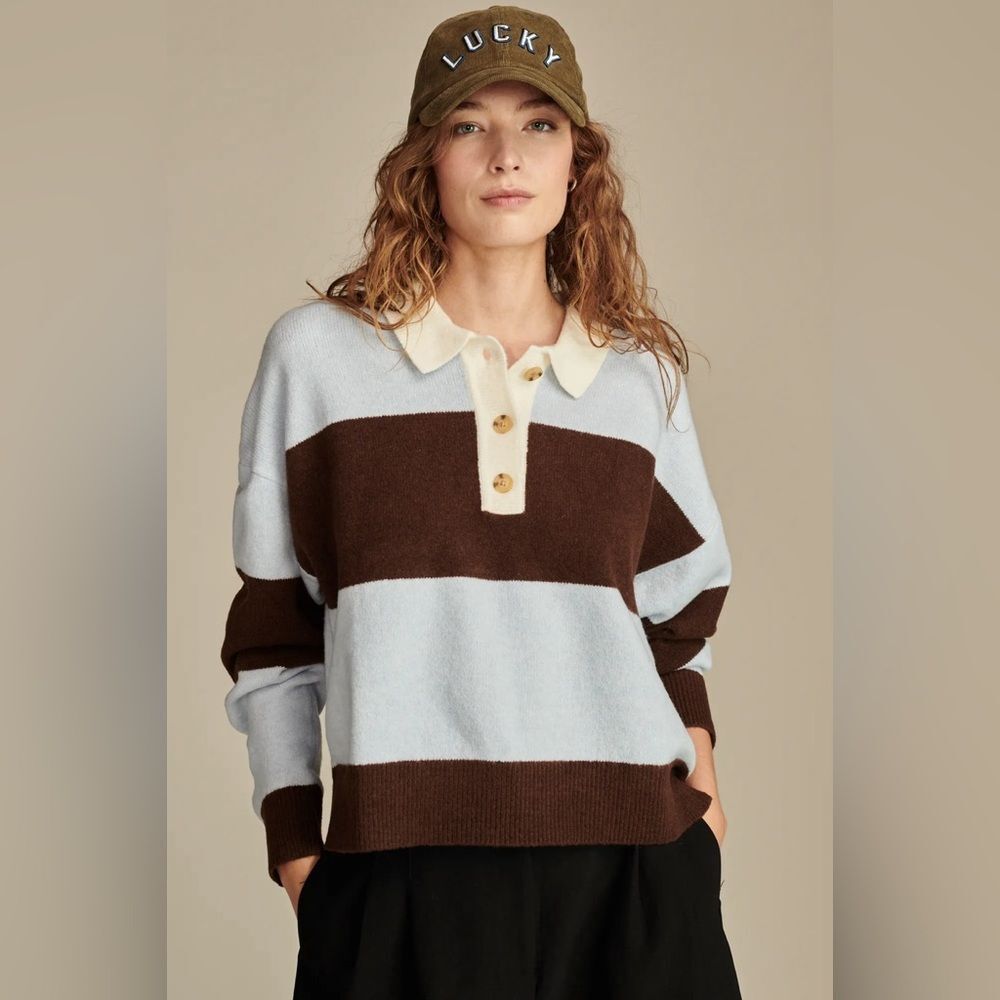 Lucky Brand Cloud Soft Rugby Polo Sweater Striped Brown Blow Collar Sz XXL